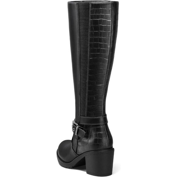 Women's Knee High Boots Chunky Block Heels Side Zipper Stretchy Elastic Panels - Picture 4 of 6